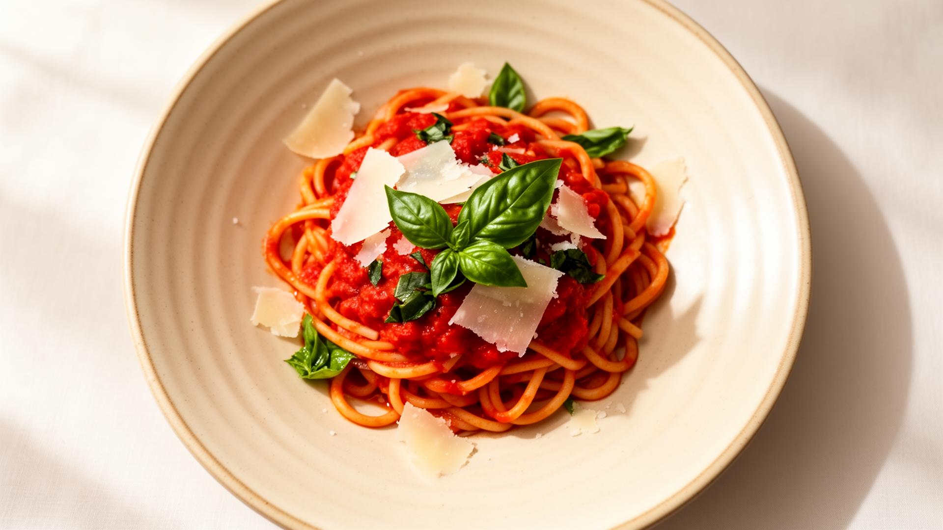 Hand-rolled tagliatelle with San Marzano tomato sauce and shaved parmesan